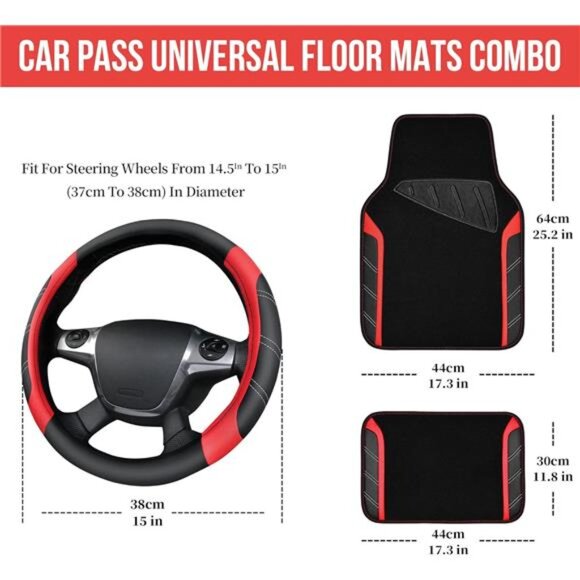 Leather Steering Wheel Cover and Waterproof Car Floor Mats,Microfiber Universal - Picture 2 of 7